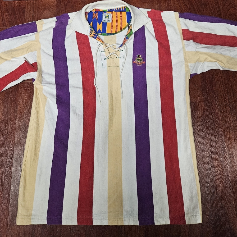 Vintage Cross Colours Striped Rugby Shirt with Lace-Up Collar